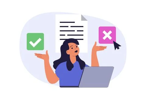 Online voting concept in modern flat design for web. Woman thinking, supporti Stock Illustration