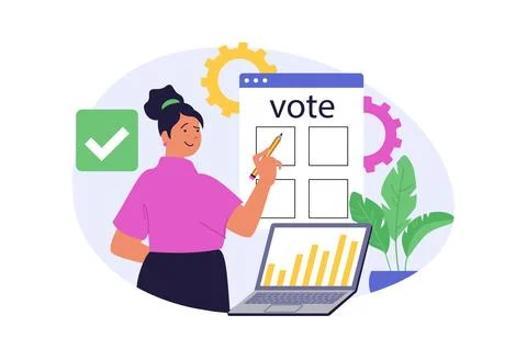 Online voting concept in modern flat design for web. Woman choosing her candi Stock Illustration