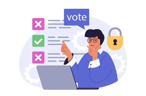 Online voting concept in modern flat design for web. Man analyzing candidate  Stock Illustration