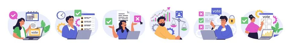 Online voting concept set in flat design for web. Collection with people maki Stock Illustration