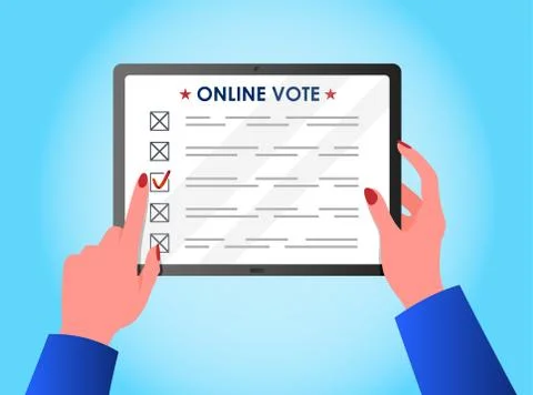 Online voting concept. Woman's hands holding a tablet. Stock Illustration