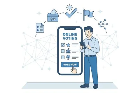 Online voting system on smartphone screen. Male character participating in di 스톡 일러스트