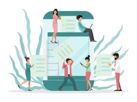 Online voting by tiny people vector illustration. Phone screen, box, voters Illustrazione stock