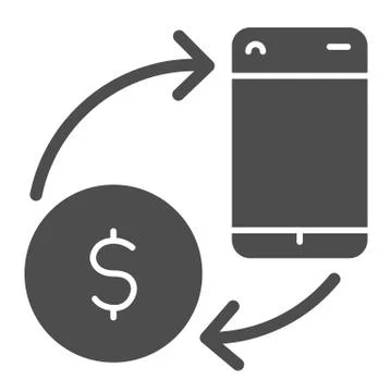 Online wallet exchange solid icon. Phone, dollar coin and arrows symbol, glyph 스톡 일러스트