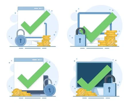 Online wallet security set, laptop with protected funds, secure digital access. Stock Illustration