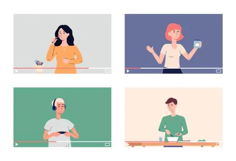 Online webinar and video tutorial set of flat vector illustrations isolated. 스톡 일러스트