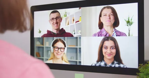 Online webinar chat of different people using a monitor screen. Videoconference  Stock Footage 154297193