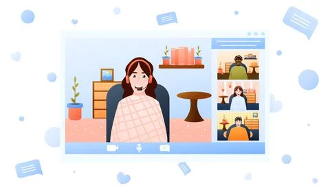 Online webinar concept with cute diversity cartoon character, video conference Stock Illustration