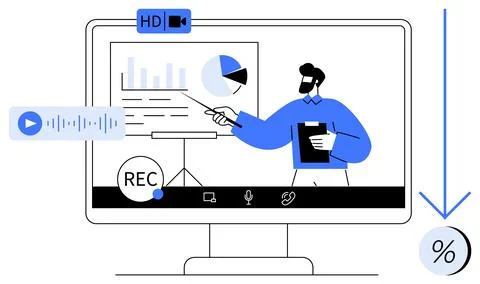 Online Webinar Presentation with Speaker Explaining Charts and Graphs on Co.. Stock Illustration