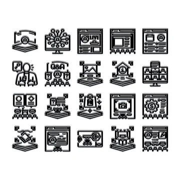 Online webinar virtual event conference live streaming icons Stock Illustration