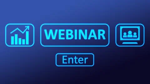 Online webinar. Web page with different icons and Enter button on blue back.. Stock Illustration