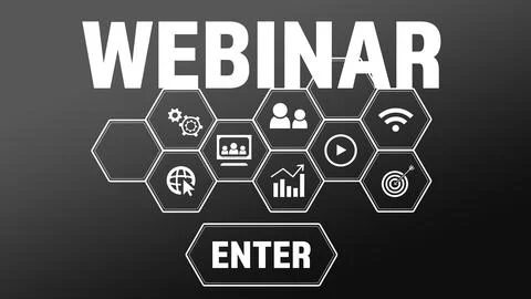 Online webinar. Web page with different icons and Enter button on dark gray.. 스톡 일러스트