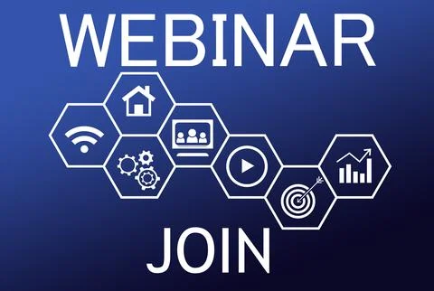 Online webinar. Web page interface with word Join and different icons on bl.. Stock Illustration