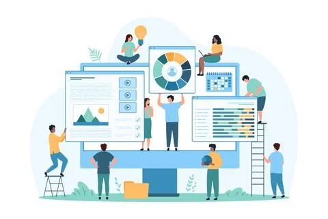 Online website development, plan and idea of building web site usability by tiny Illustrazione stock