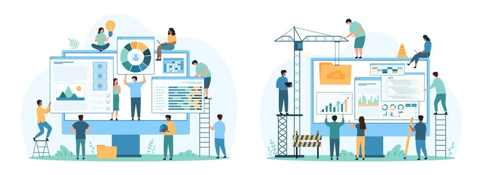 Online website development set, tiny people build site with help of construction Stock Illustration
