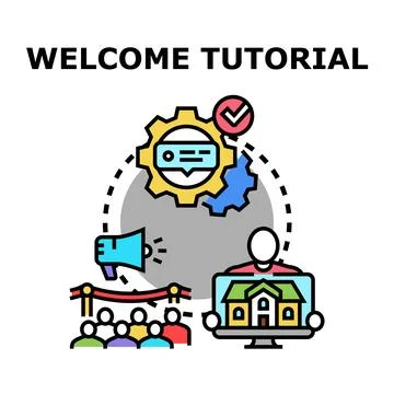 Online welcome tutorial process with virtual presentation Stock Illustration