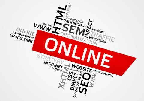 ONLINE word cloud, tag cloud, vector graphics - business and internet concept Stock Illustration