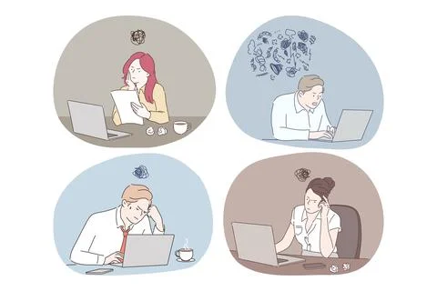 Online work, thinking during work with laptop in office concept Illustrazione stock