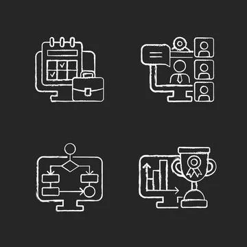 Online work tracking chalk white icons set on dark background Stock Illustration