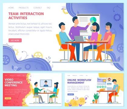 Online workflow management, team interaction activities and video conference Illustrazione stock