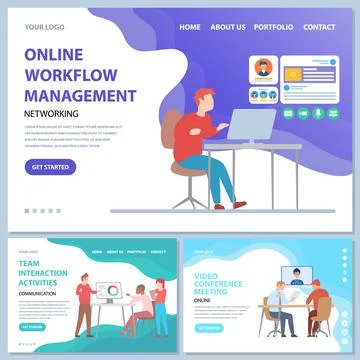 Online workflow management, team interaction activities, video conference イラスト素材
