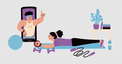 Online workout animation in a cartoon flat style. Stock Footage 145119376