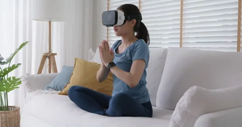 Online workout in VR yoga training class remotely exercise at home. Stock Footage 160581330