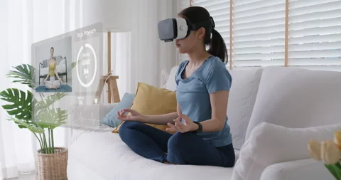 Online workout in VR yoga training class remotely exercise at home. 스톡 동영상 160982705