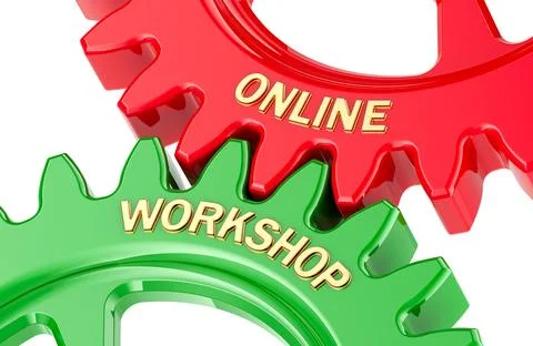 Online Workshop concept with colored gearwheels. 3D rendering Illustrazione stock