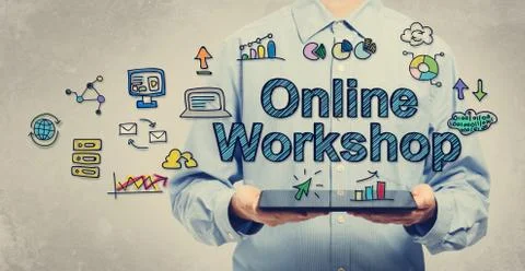Online Workshop concept with young man holding a tablet Stock Illustration