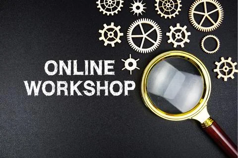 Online Workshop text message with magnifying glass on black background Stock Photos
