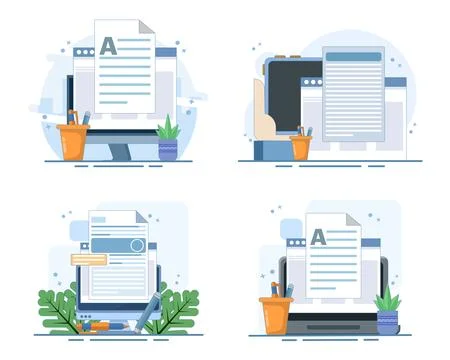 Online writing set, PC document editing, essay and book creation, copywriting. Stock Illustration