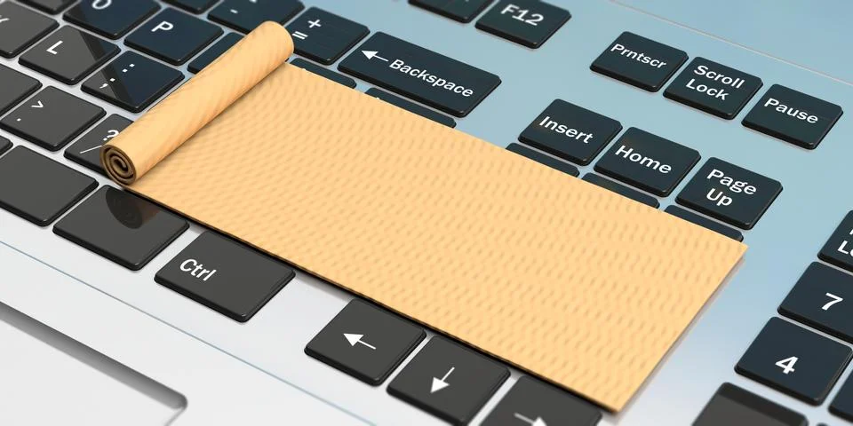 Online yoga classes. Exercise mat on computer keyboard, copy space. 3d illust Stock Illustration