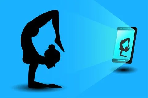 Online yoga is doing physical exercise, take online classes on laptop, Home acti Stock Illustration