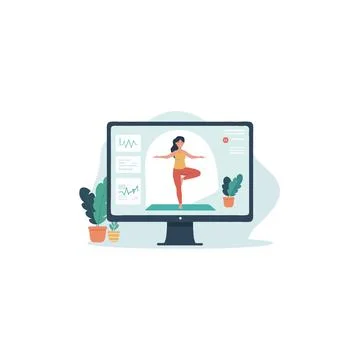 Online yoga practice session displayed on computer screen for well being, f.. Stock Illustration