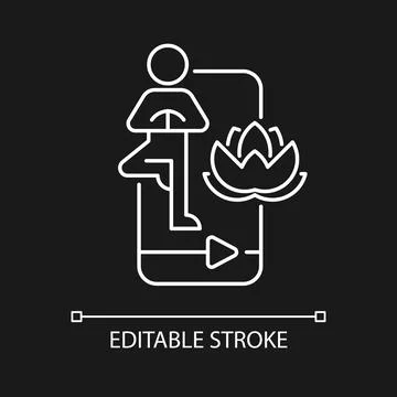 Online yoga tutorial white linear icon for dark theme. Stock Illustration
