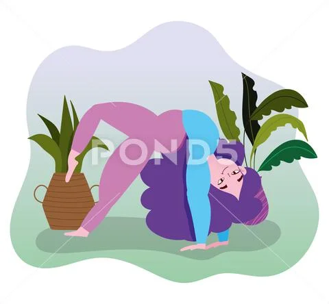 Woman Doing Yoga Pose Set Cartoon Happy Plus Size Female Yogist