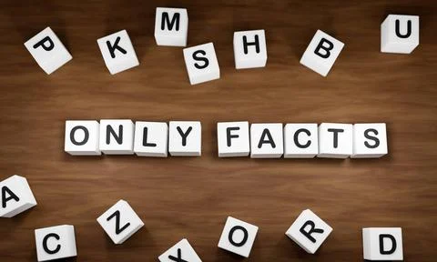 Only Facts - Be correct. White dice with dark capital letters on a table. ... Stock Photos