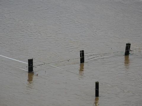 Only the fence posts and upper wires stick out. The flood has sunk a bit Stock Photos
