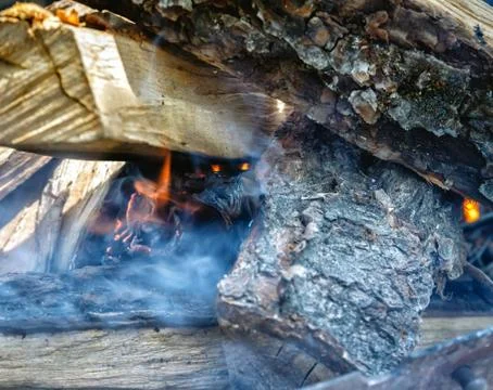 Only he took appeared the fire among the wood-fire in the grill Stock Photos