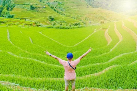 The only man standing with his back beautiful terraced rice paddy field Stock Photos
