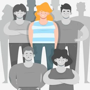 Only one individual smiling in a black and white crowd Stock Illustration