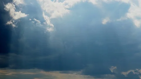 Only sky before storm with fast moving big dark cloud and visible sun rays Stock Footage 117246451