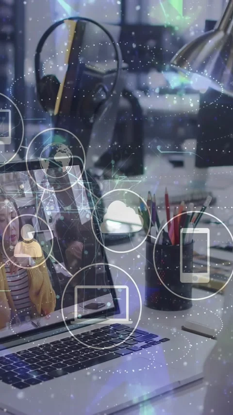 Onscreen caller speaking, laptop anchoring cloud node and phone icons, growing Stock Footage 332506956