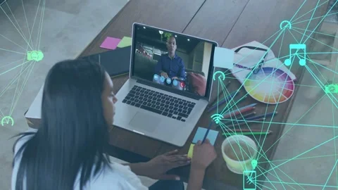 Onscreen host speaking, woman checking notes and using pad for design, teal Stock Footage 332844283