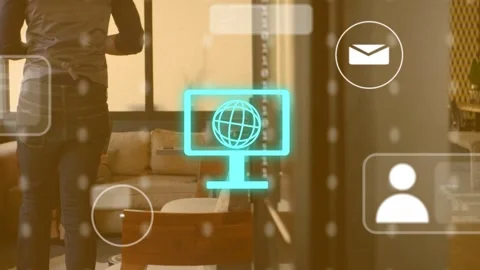 Onscreen prompts appearing, man tapping tablet, sharing with woman as tech UI Stock Footage 333818268