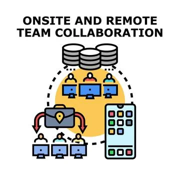 Onsite and remote team collaboration working concept Ilustração Stock