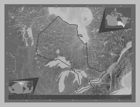 Ontario, Canada. Grayscale elevation map with lakes and rivers Stock Illustration