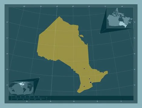 Ontario, Canada. Solid color shape. Locations of major cities of the region Stock Illustration