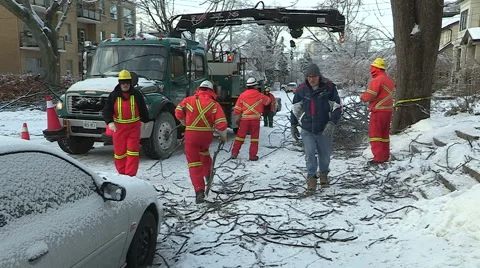 Ontario ice and freezing rain winter storm damage Stock Footage